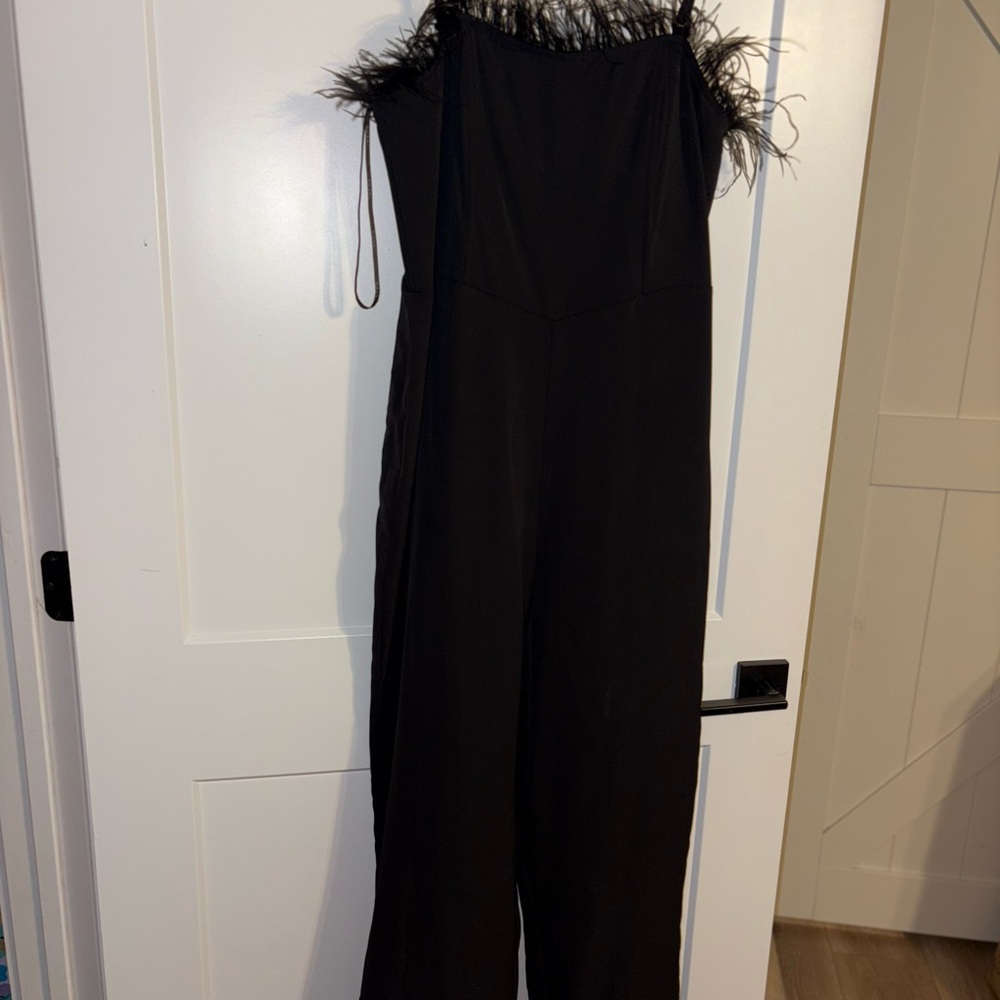Nicole Miller Black Jumpsuit with Feather Trim
